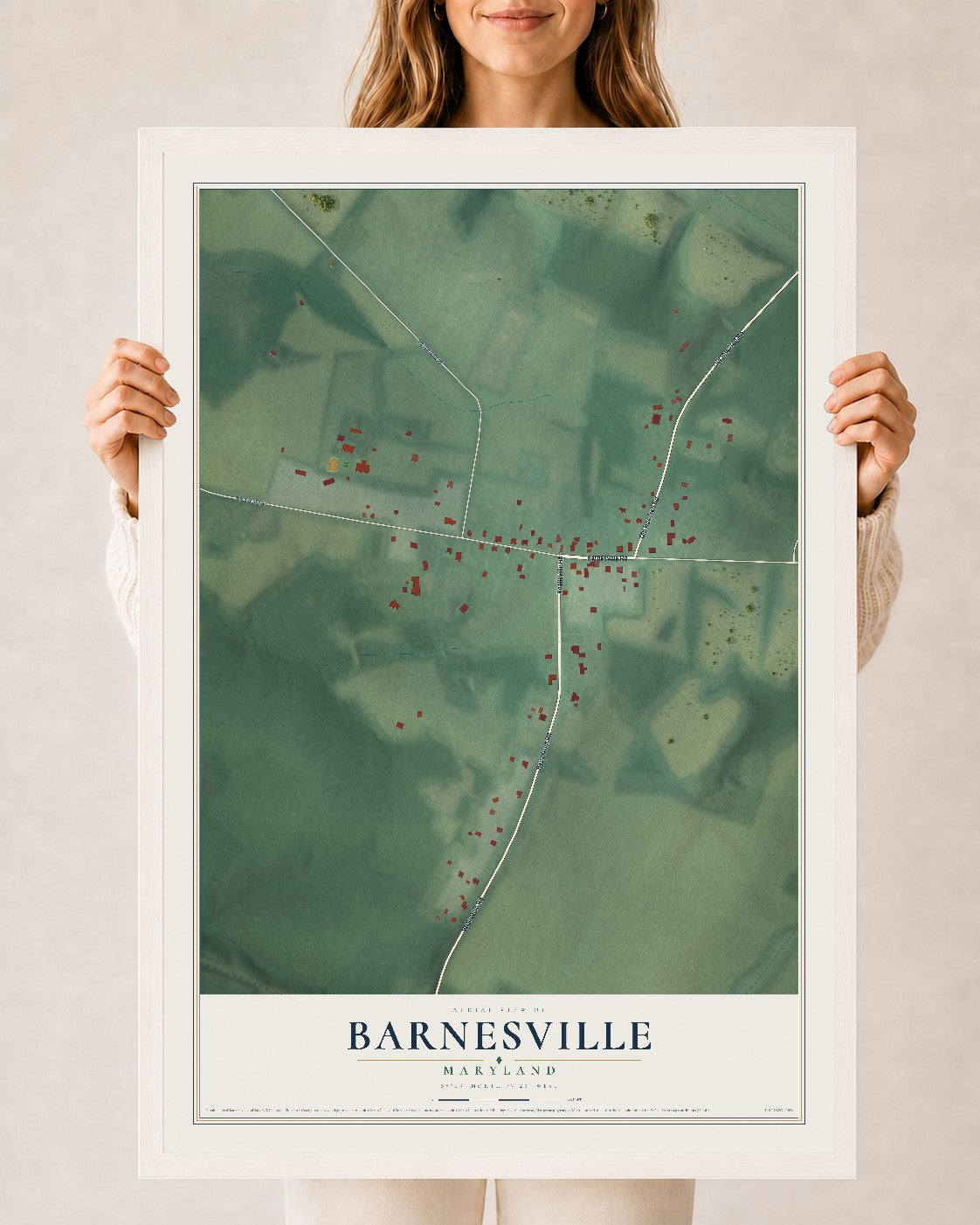 Map of Barnesville, Maryland, 24 x 36 inch print in a white wood frame