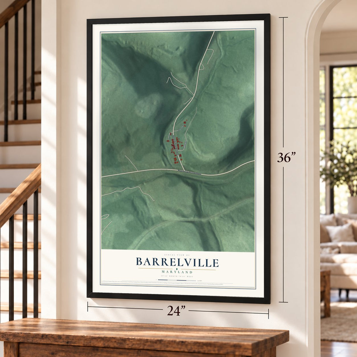 Barrelville, Maryland map, 24 x 36 inch print in a black frame by a staircase