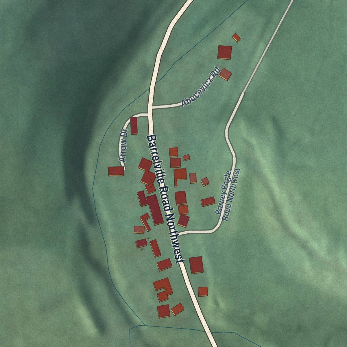 Close-up of the map of Barrelville, Maryland print showing street and building detail