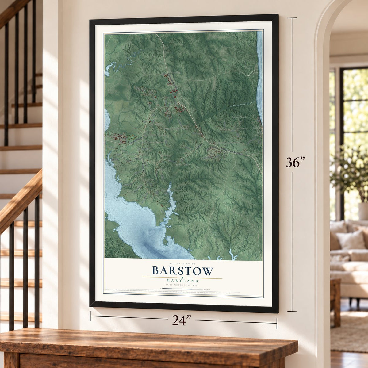 Barstow, Maryland map, 24 x 36 inch print in a black frame by a staircase