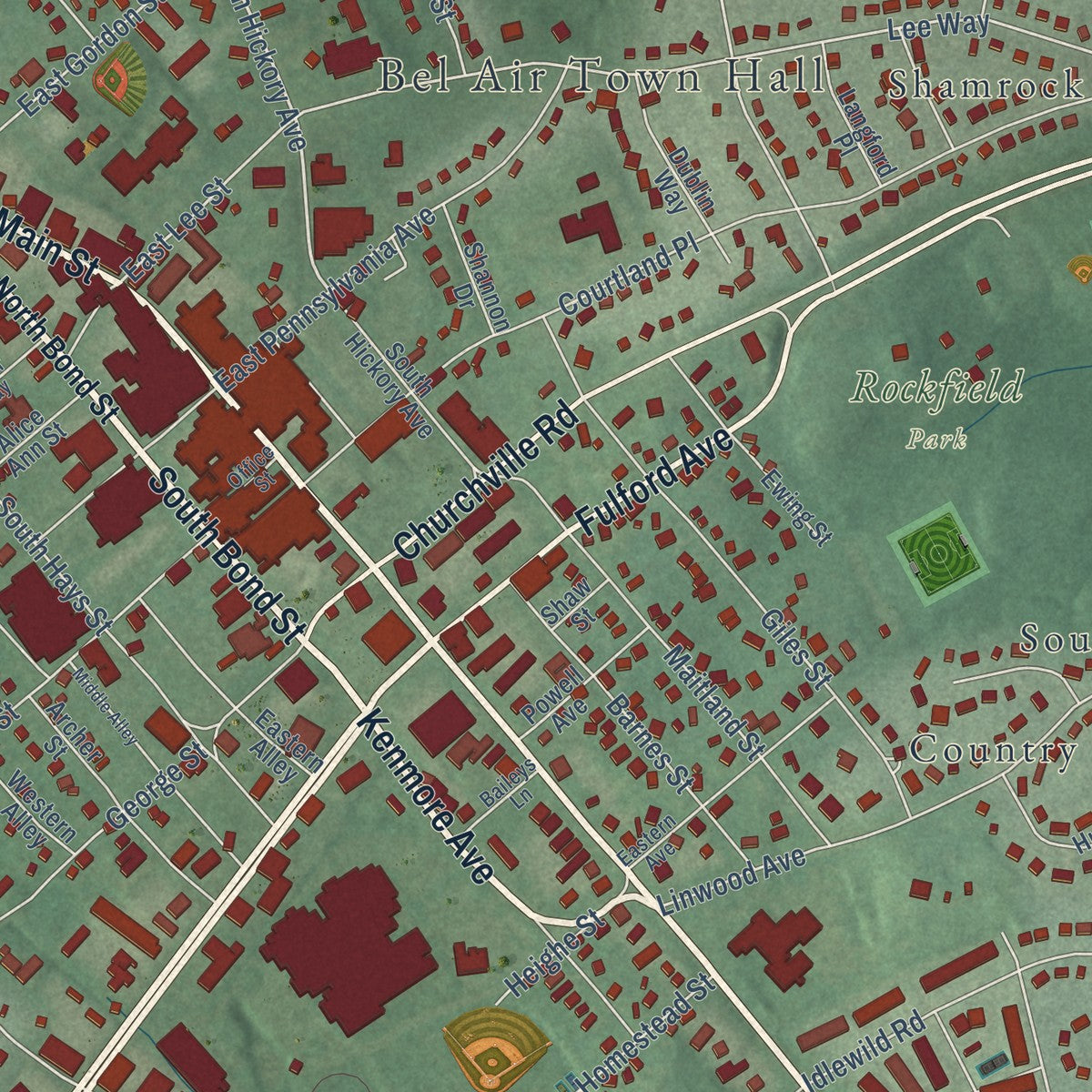 Close-up of the map of Bel Air, Maryland print showing street and building detail