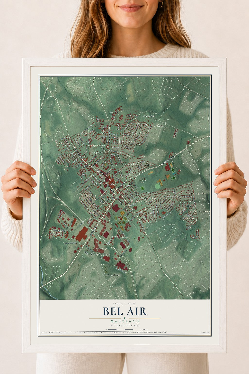 Map of Bel Air, Maryland, 18 x 24 inch print in a white wood frame