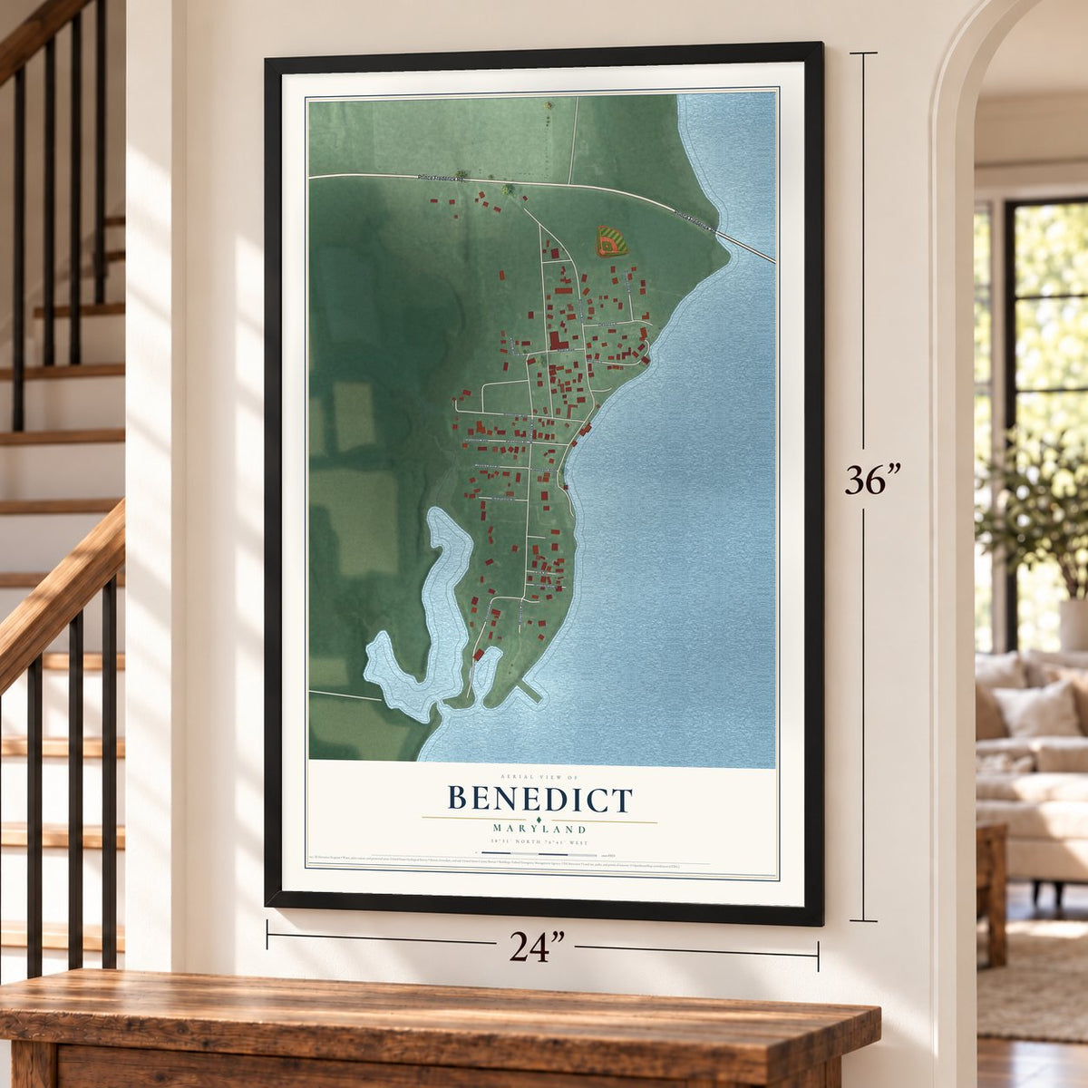 Benedict, Maryland map, 24 x 36 inch print in a black frame by a staircase