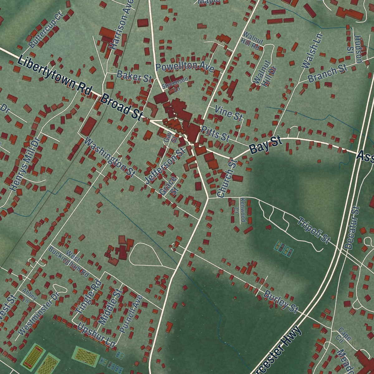 Close-up of the map of Berlin, Maryland print showing street and building detail