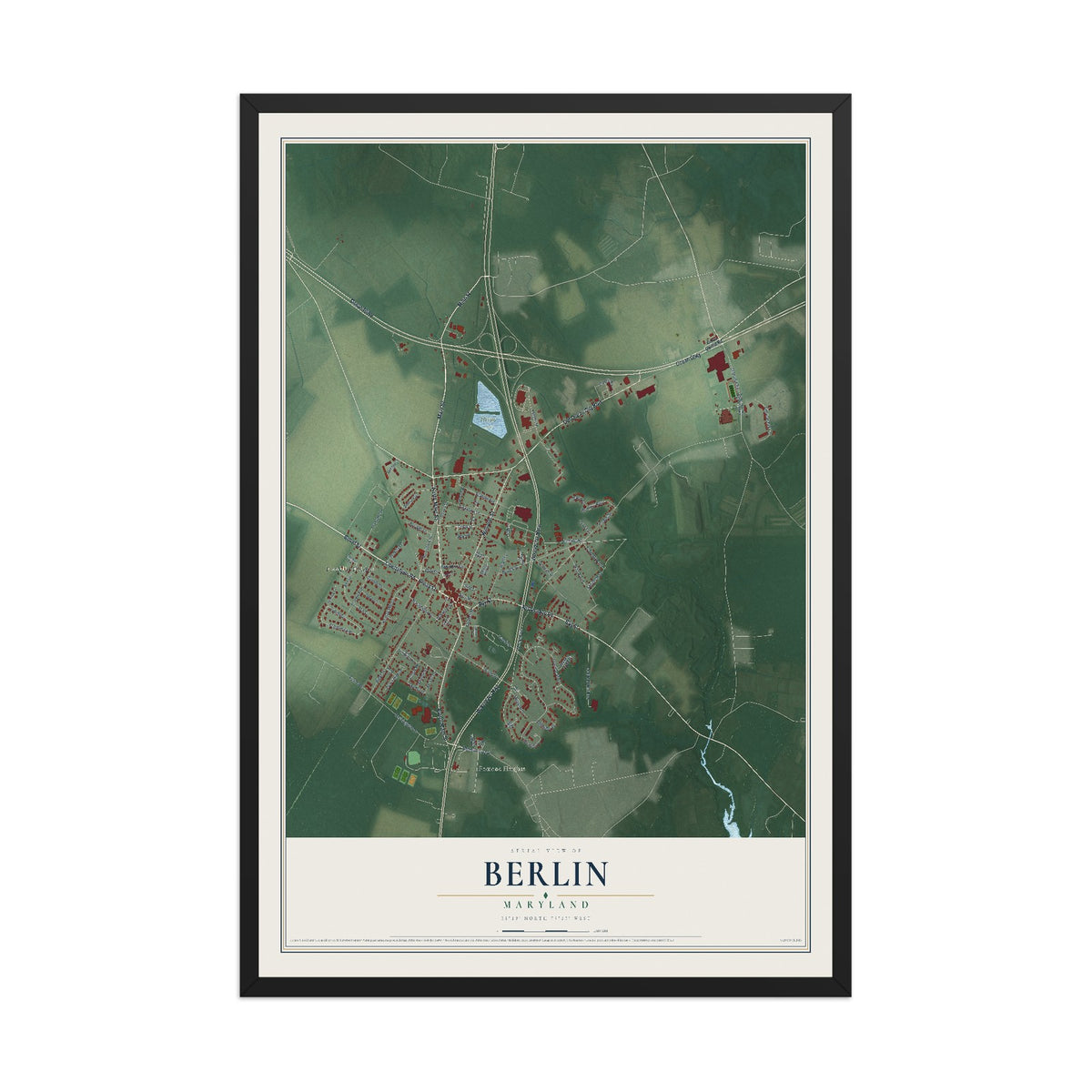 Map of Berlin, Maryland, 12 x 18 inch print in a black wood frame