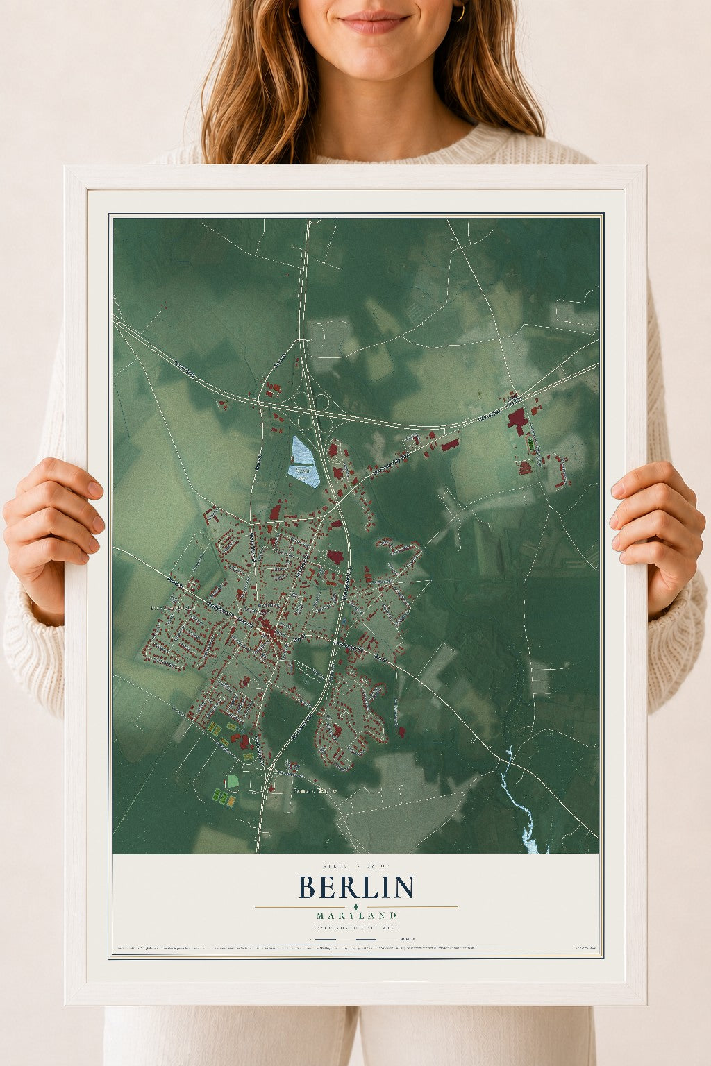 Map of Berlin, Maryland, 18 x 24 inch print in a white wood frame