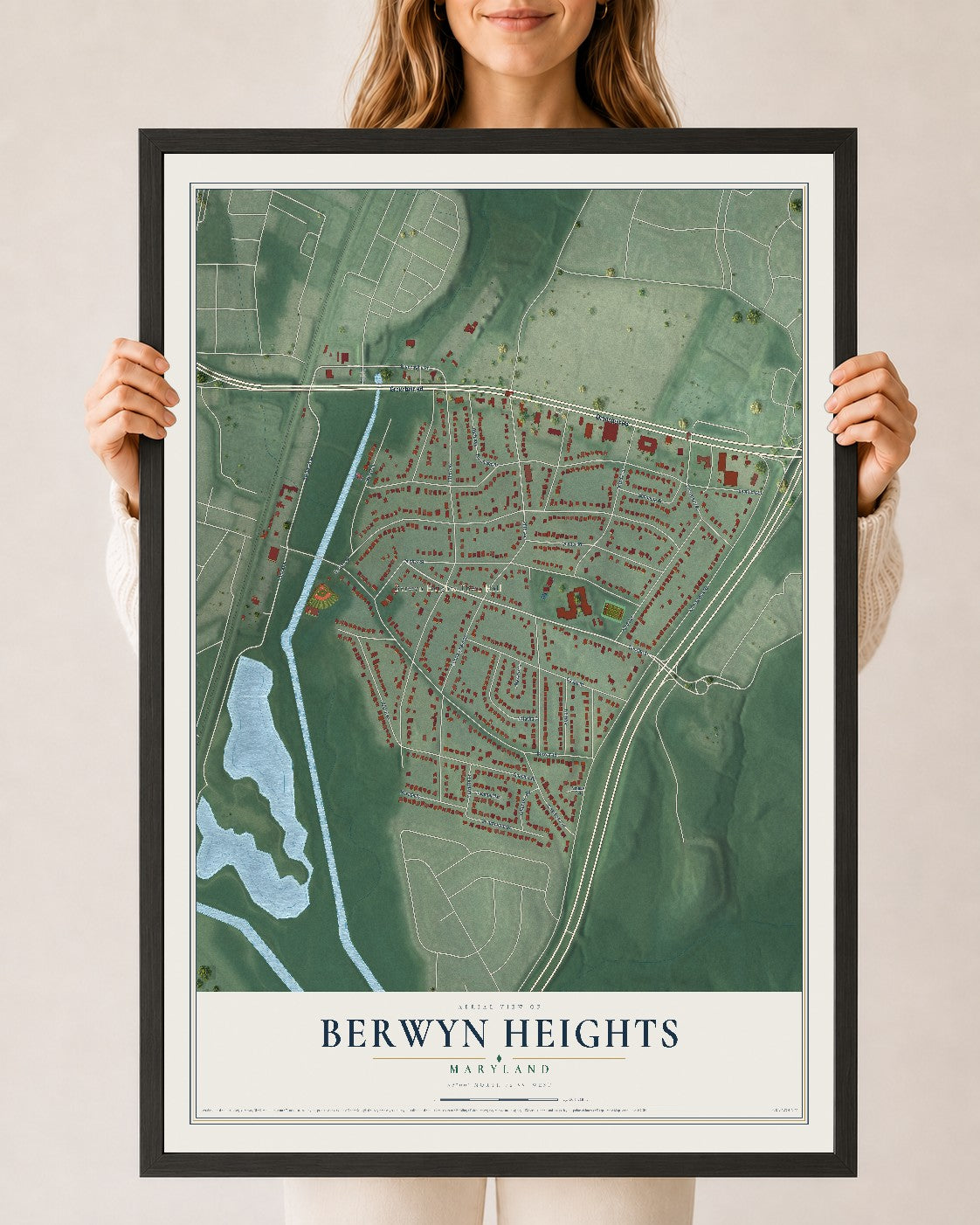 Map of Berwyn Heights, Maryland, 24 x 36 inch print in a black wood frame