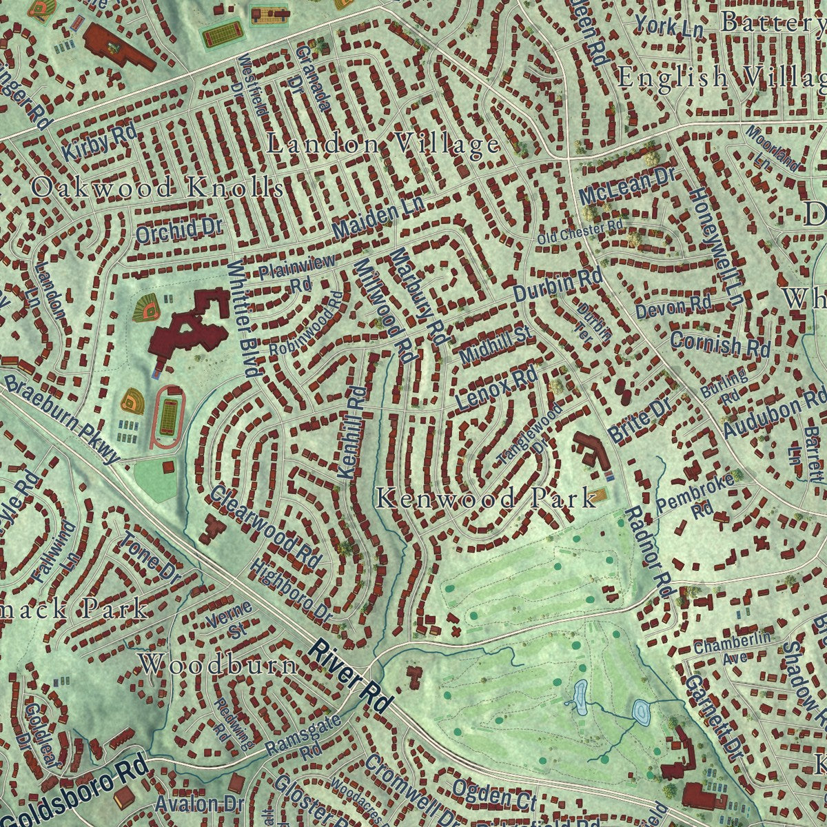 Close-up of the map of Bethesda, Maryland print showing street and building detail