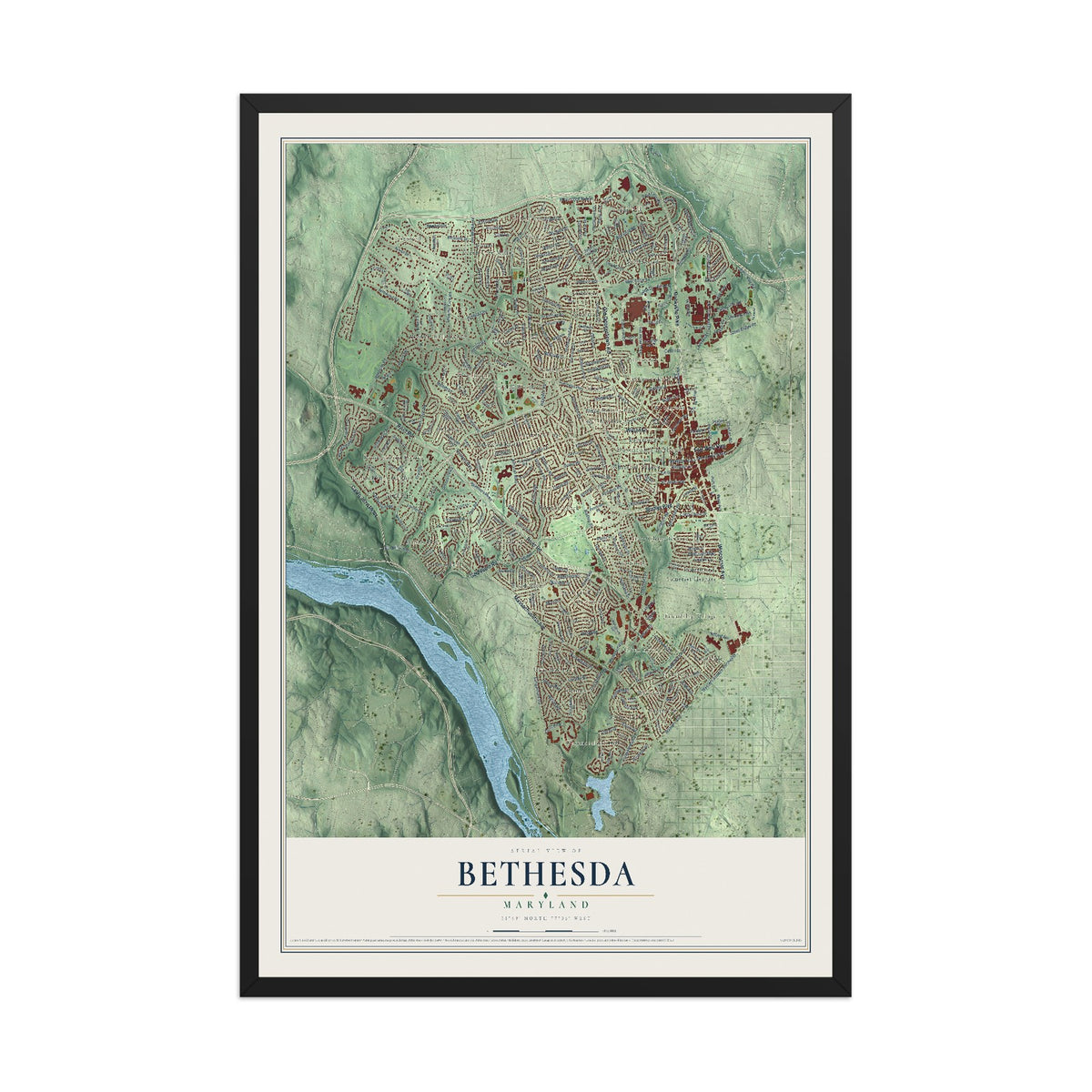 Map of Bethesda, Maryland, 12 x 18 inch print in a black wood frame