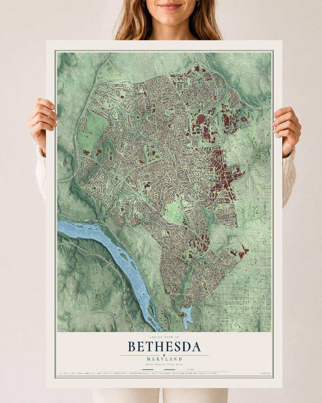 Map of Bethesda, Maryland, 24 x 36 inch unframed archival matte print