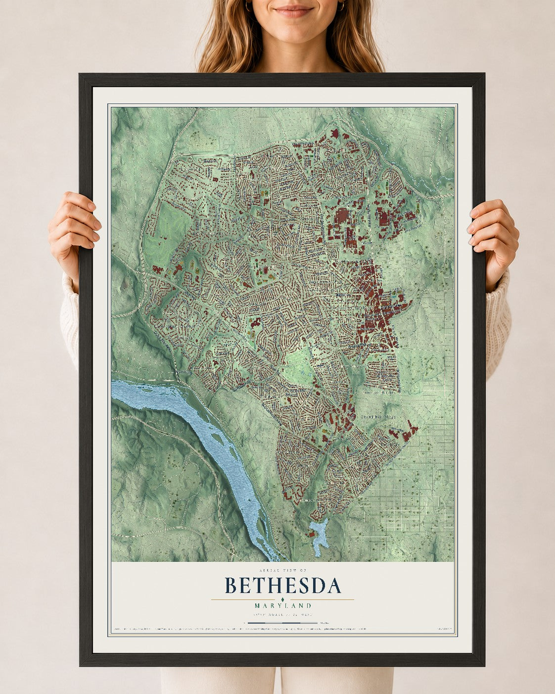 Map of Bethesda, Maryland, 24 x 36 inch print in a black wood frame