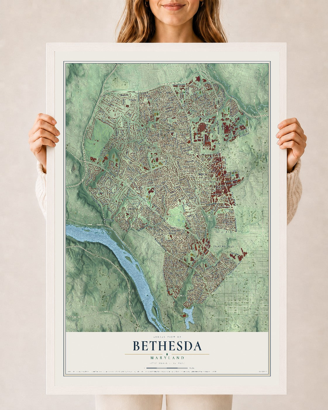 Map of Bethesda, Maryland, 24 x 36 inch print in a white wood frame