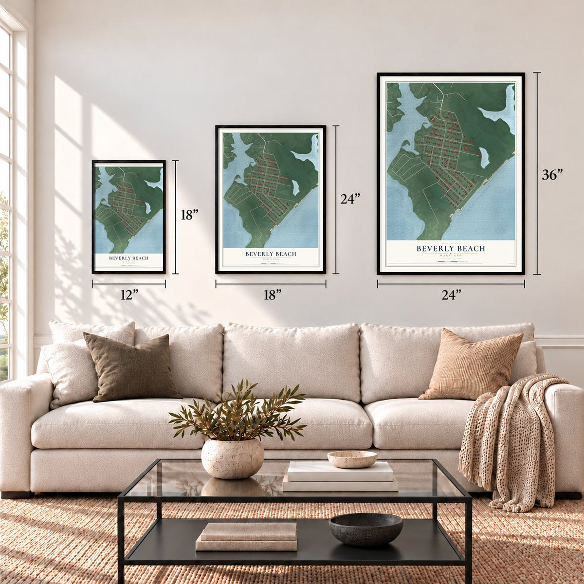 Beverly Beach, Maryland map in 12 x 18, 18 x 24 and 24 x 36 inch sizes above a sofa