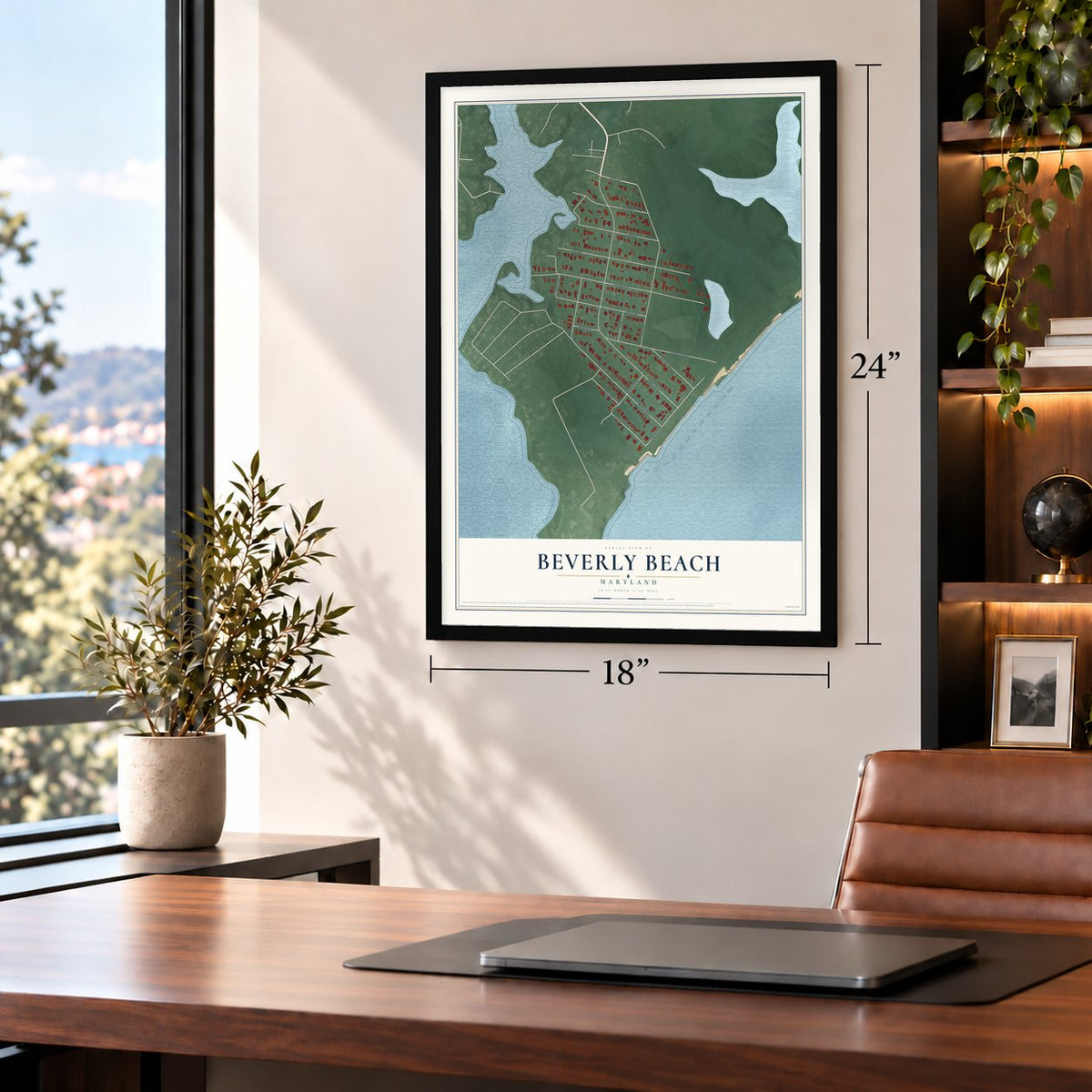Beverly Beach, Maryland map, 18 x 24 inch print in a black frame in a home office