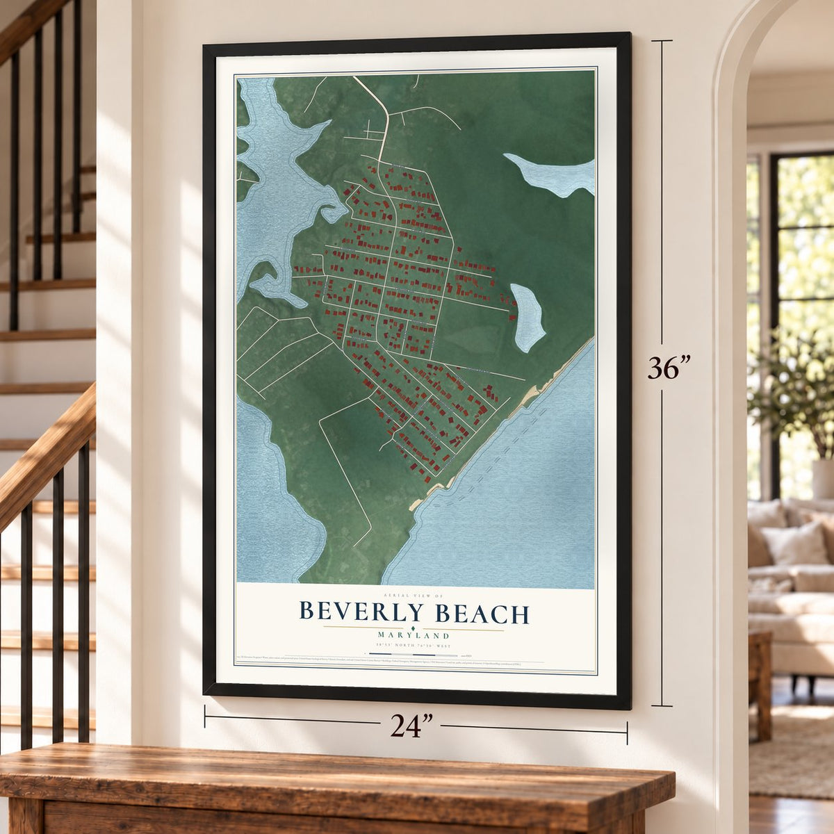 Beverly Beach, Maryland map, 24 x 36 inch print in a black frame by a staircase