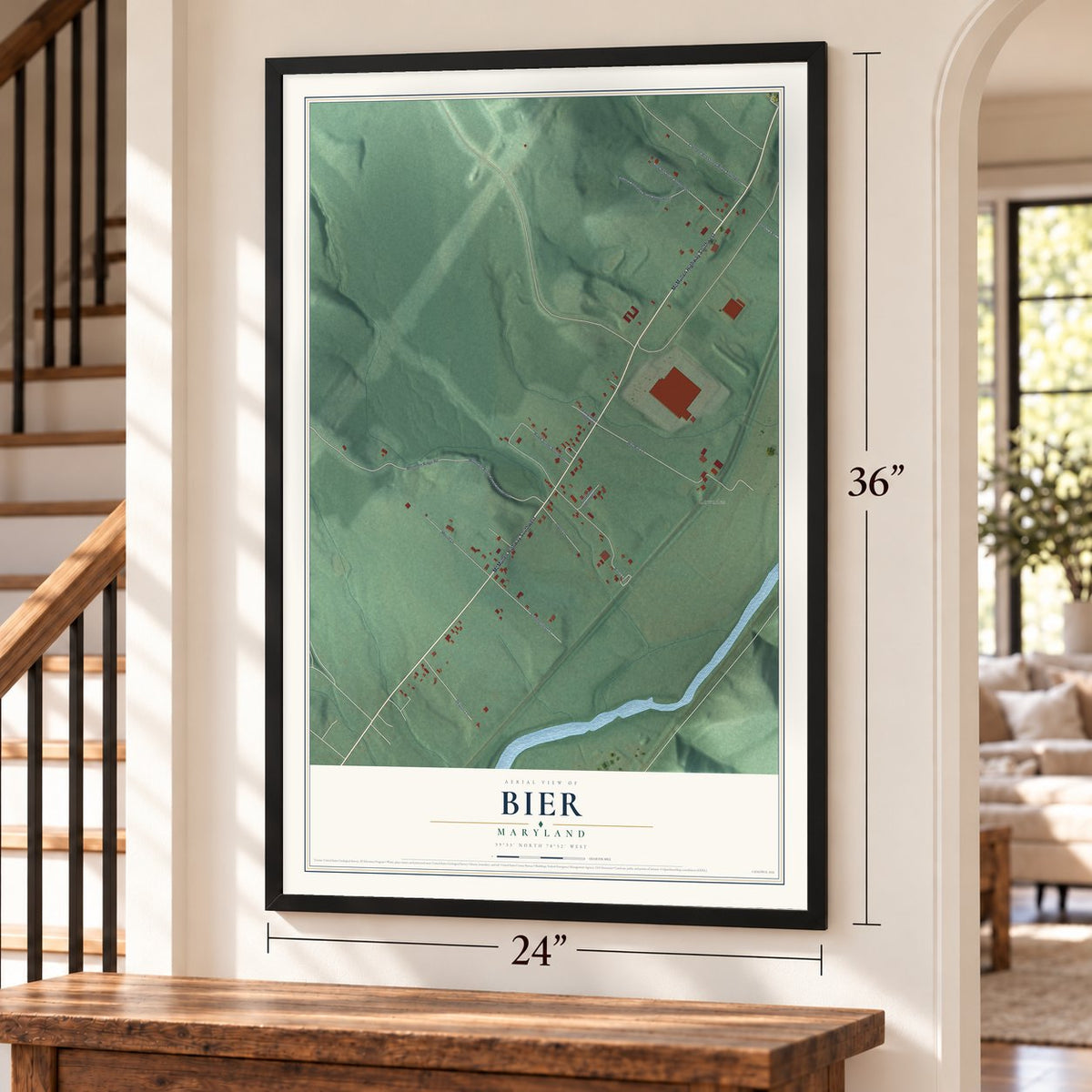 Bier, Maryland map, 24 x 36 inch print in a black frame by a staircase