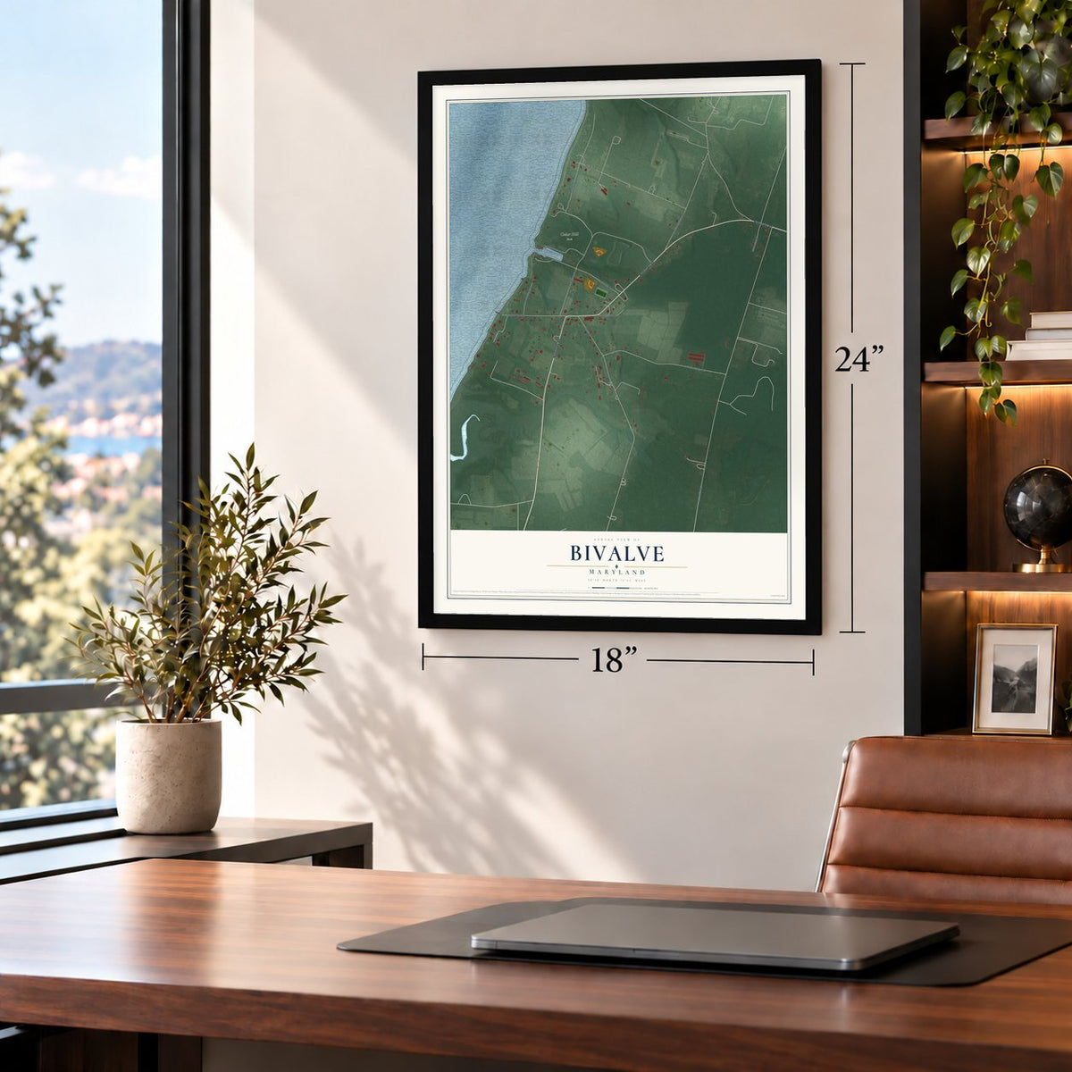 Bivalve, Maryland map, 18 x 24 inch print in a black frame in a home office