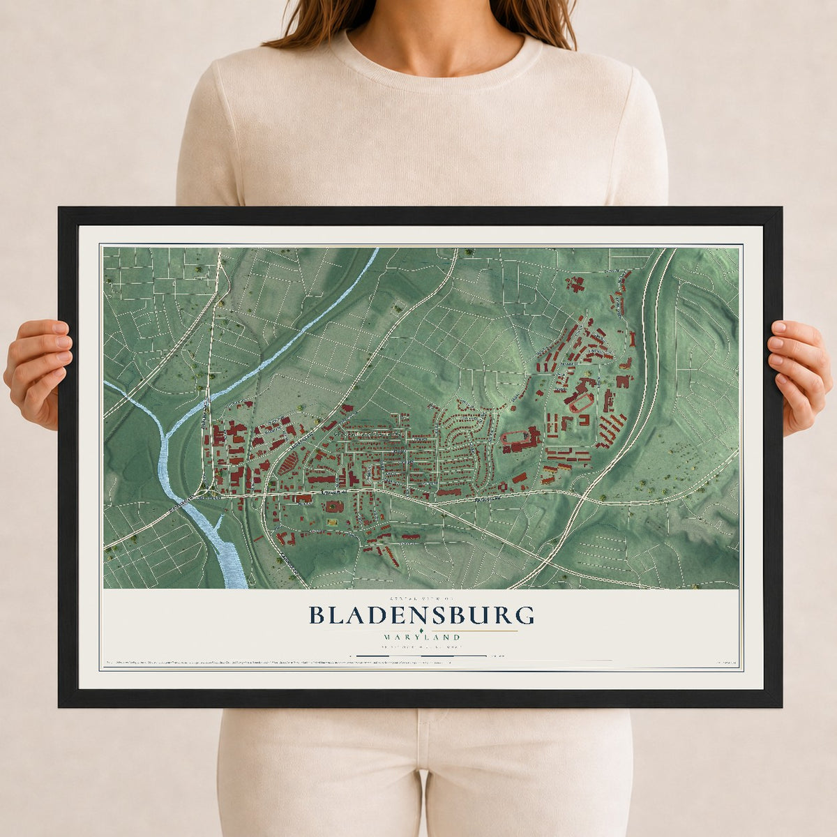 Map of Bladensburg, Maryland, 12 x 18 inch print in a black wood frame