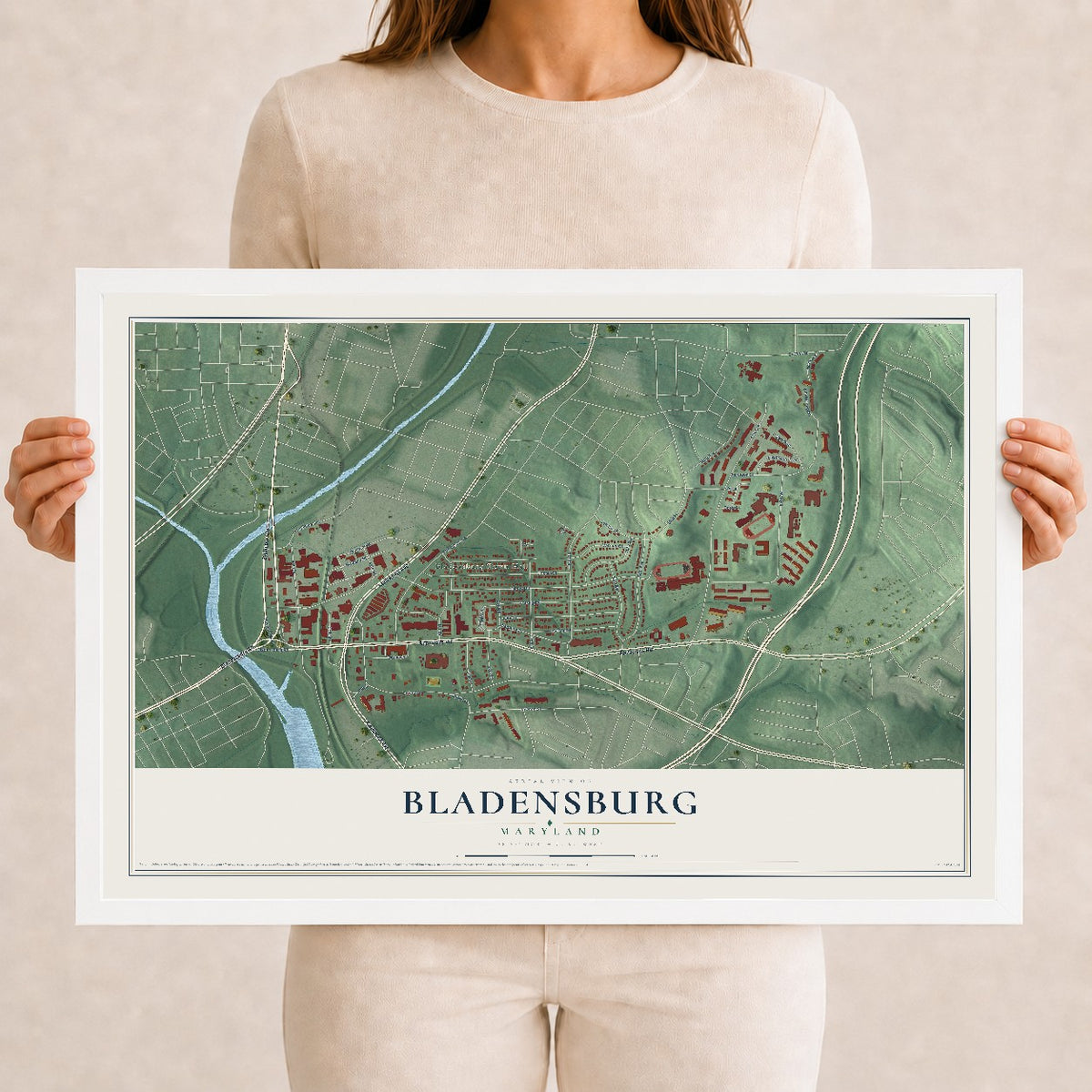 Map of Bladensburg, Maryland, 12 x 18 inch print in a white wood frame