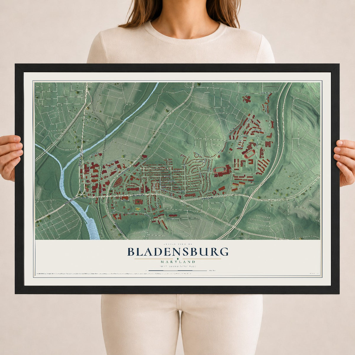 Map of Bladensburg, Maryland, 18 x 24 inch print in a black wood frame