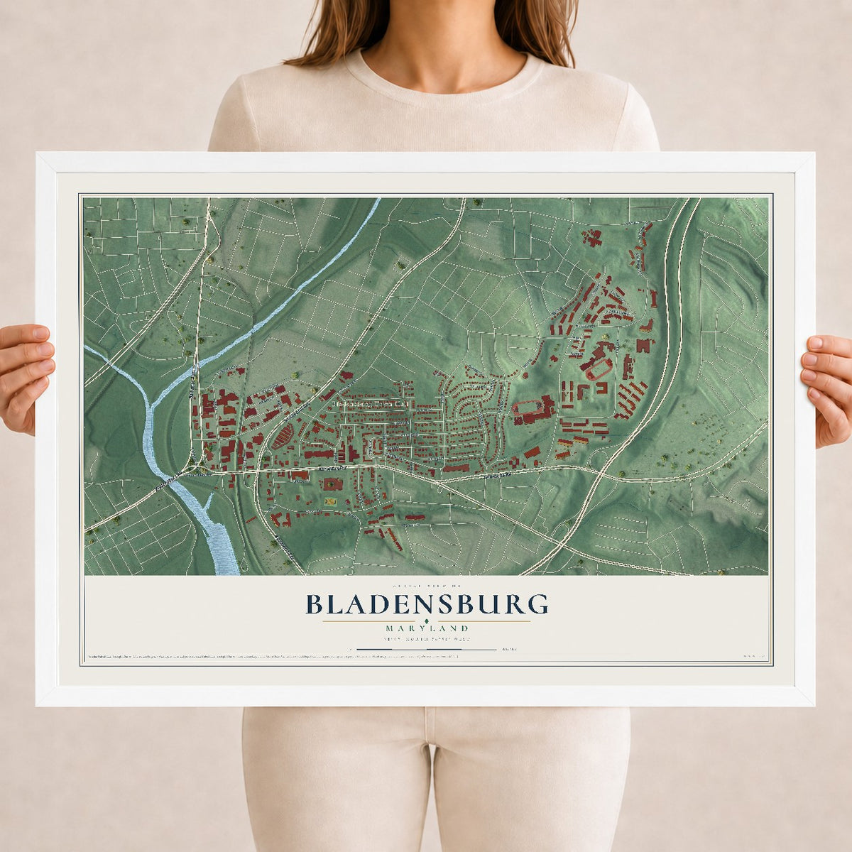 Map of Bladensburg, Maryland, 18 x 24 inch print in a white wood frame