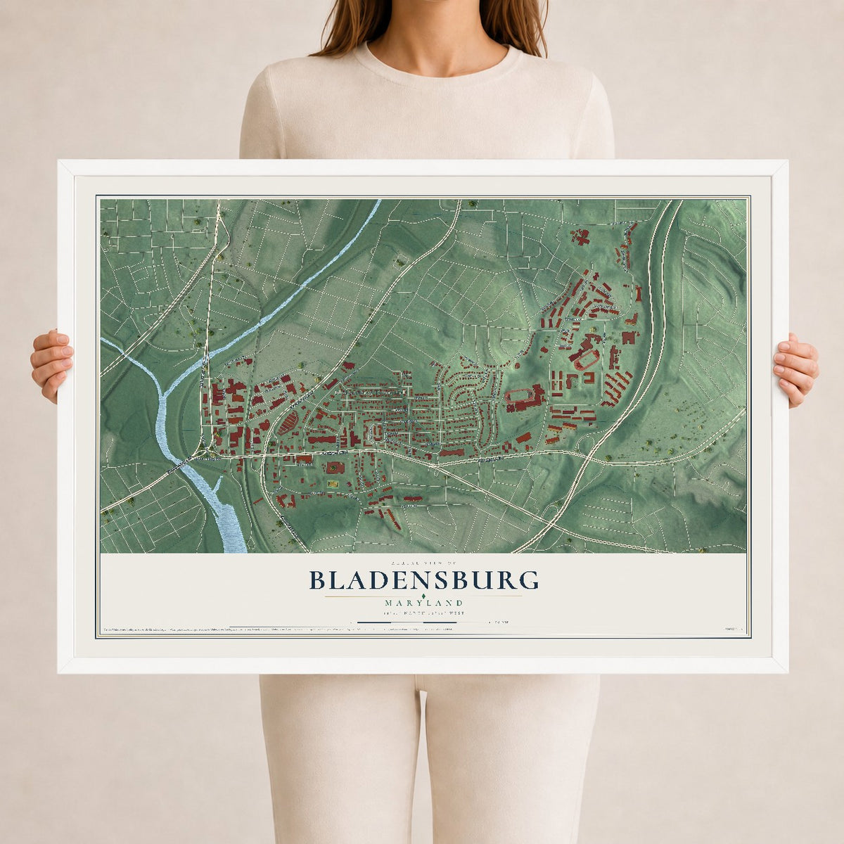 Map of Bladensburg, Maryland, 24 x 36 inch print in a white wood frame