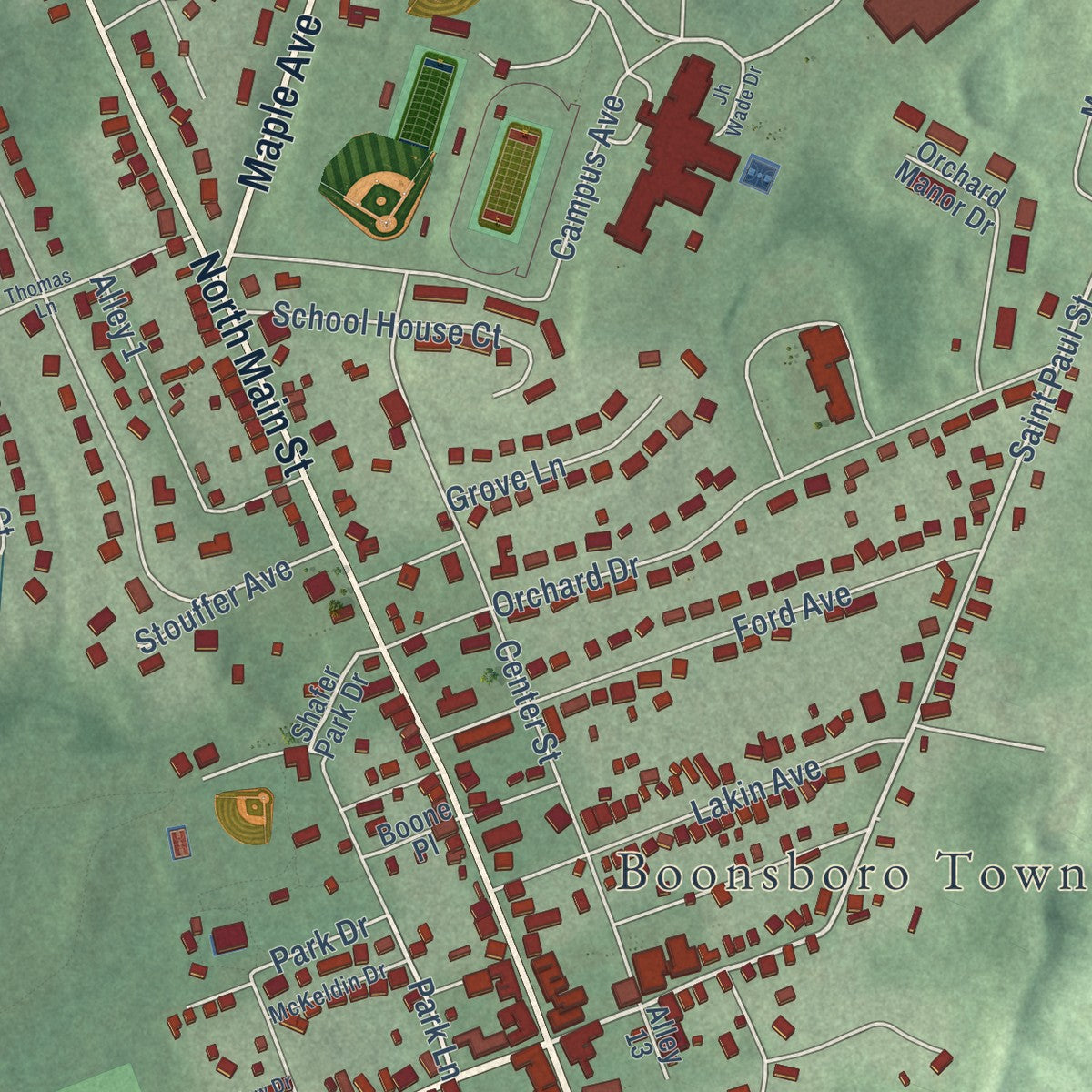 Close-up of the map of Boonsboro, Maryland print showing street and building detail