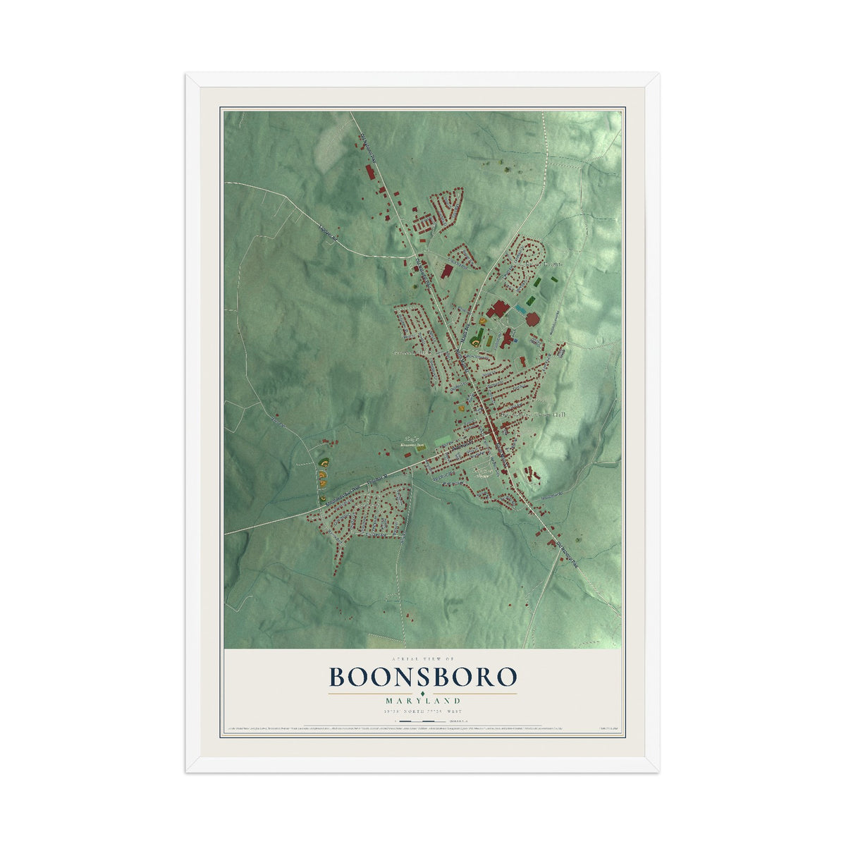 Map of Boonsboro, Maryland, 12 x 18 inch print in a white wood frame