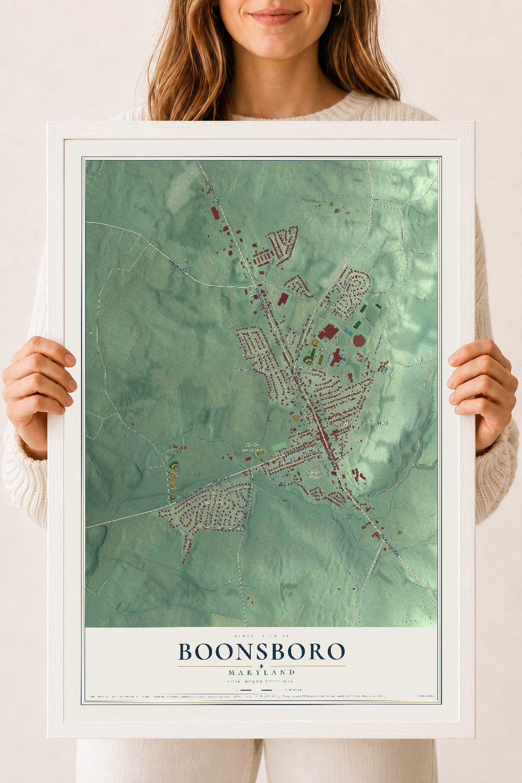 Map of Boonsboro, Maryland, 18 x 24 inch print in a white wood frame