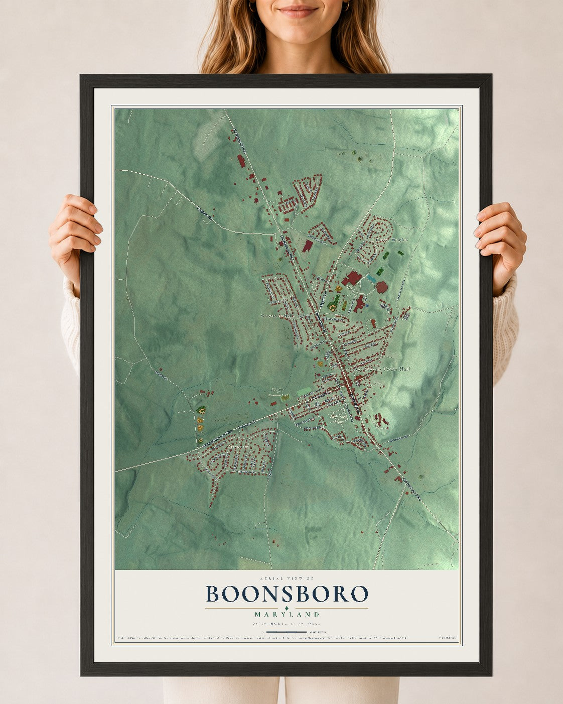 Map of Boonsboro, Maryland, 24 x 36 inch print in a black wood frame