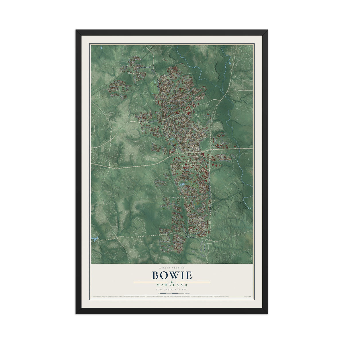 Map of Bowie, Maryland, 12 x 18 inch print in a black wood frame