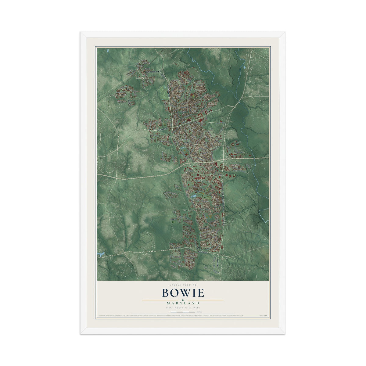 Map of Bowie, Maryland, 12 x 18 inch print in a white wood frame