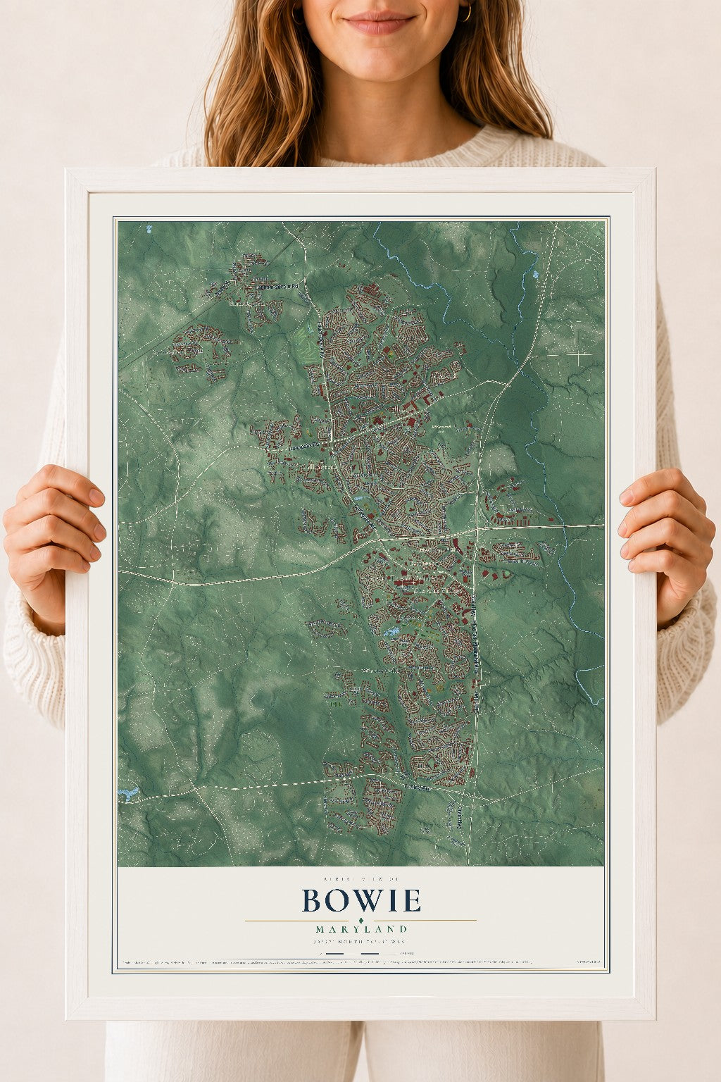 Map of Bowie, Maryland, 18 x 24 inch print in a white wood frame
