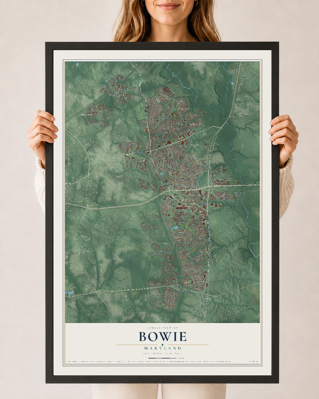 Map of Bowie, Maryland, 24 x 36 inch print in a black wood frame