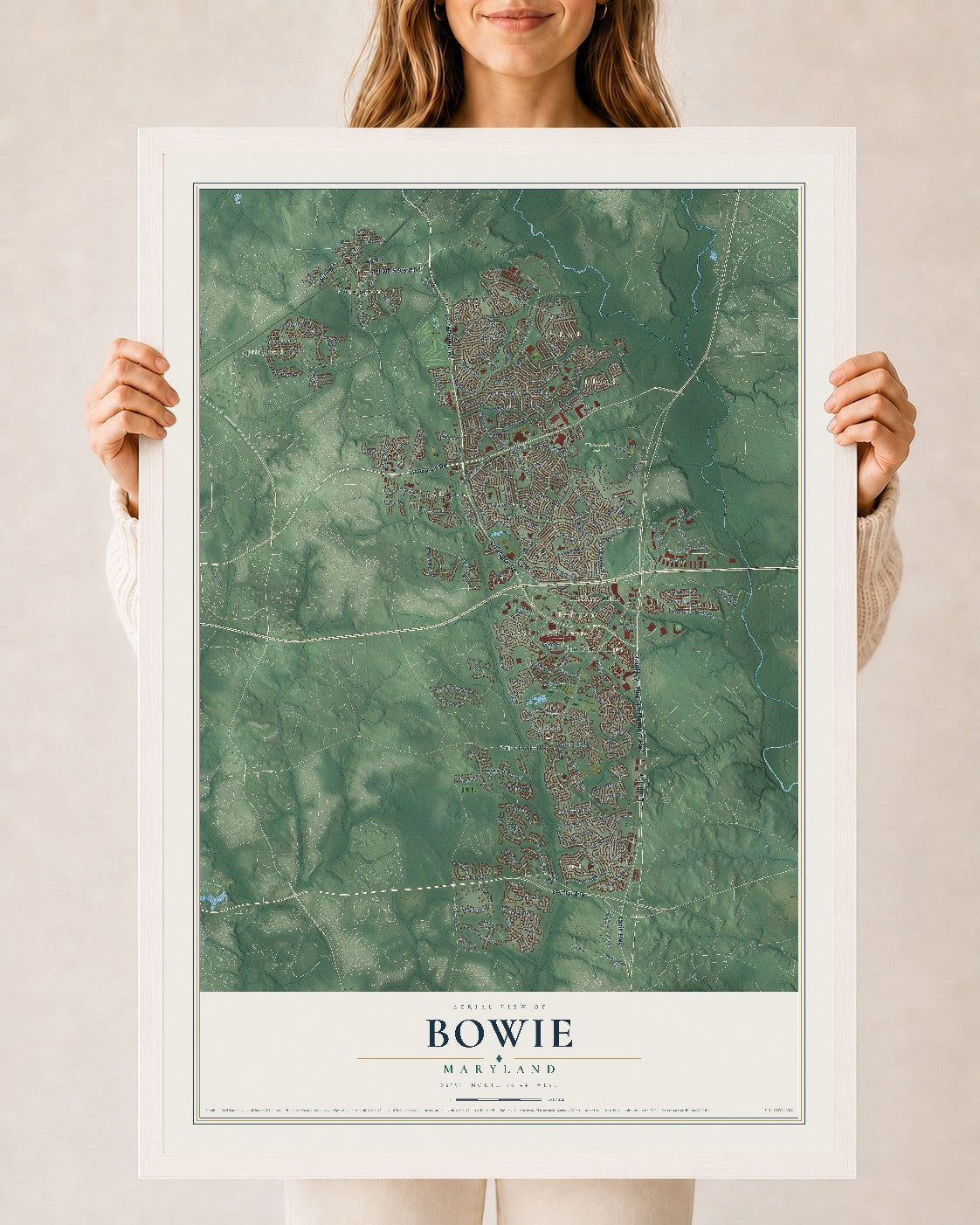 Map of Bowie, Maryland, 24 x 36 inch print in a white wood frame