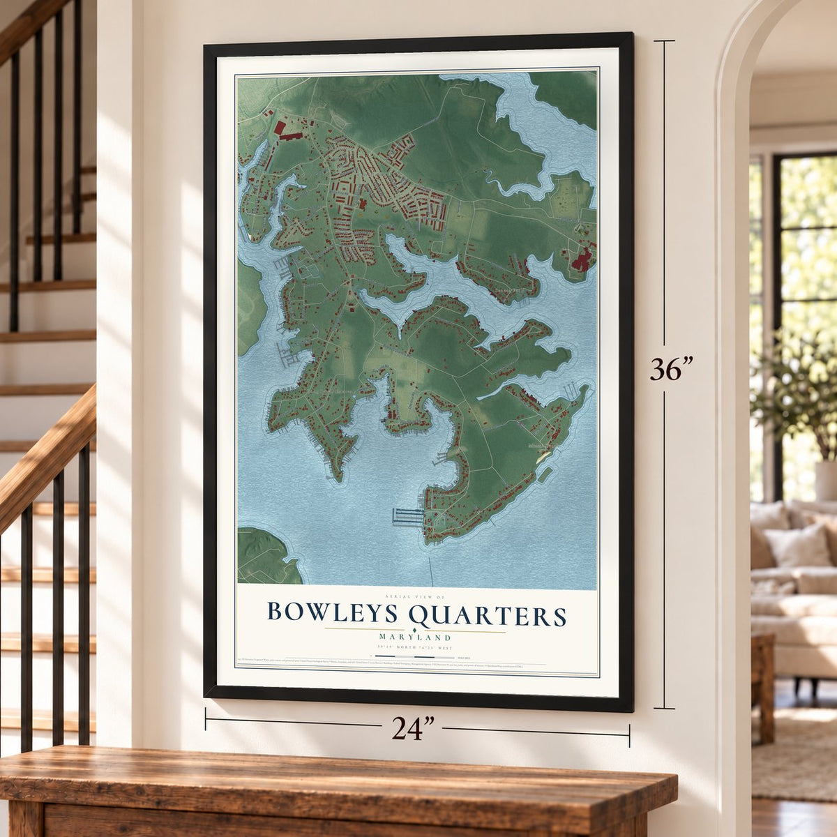 Bowleys Quarters, Maryland map, 24 x 36 inch print in a black frame by a staircase