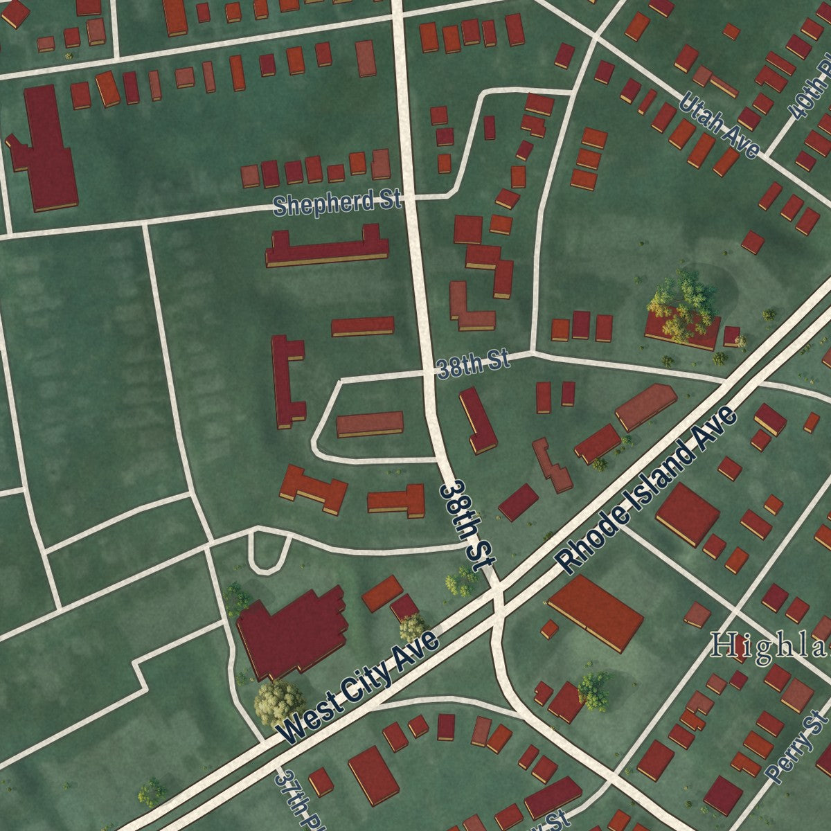 Close-up of the map of Brentwood, Maryland print showing street and building detail