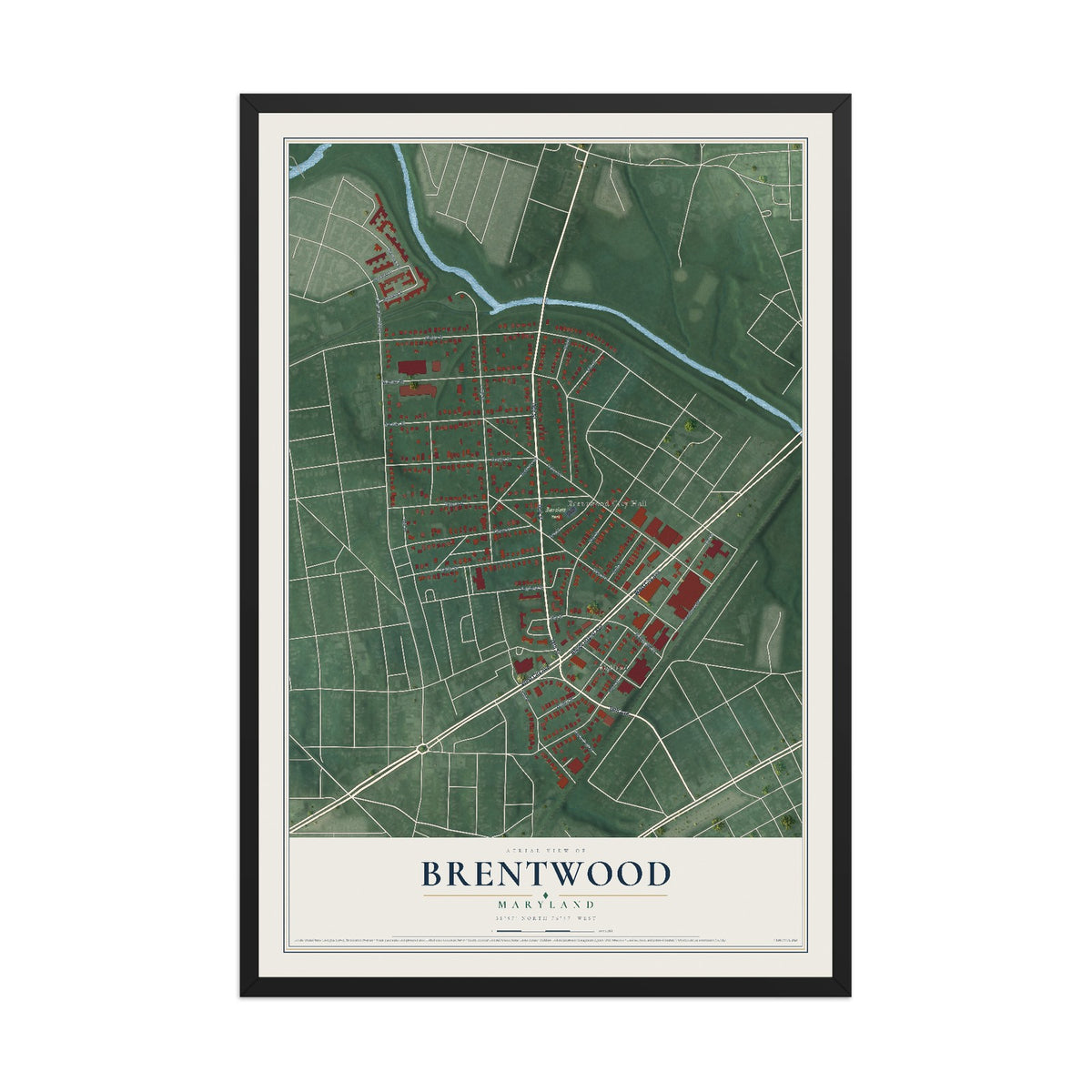 Map of Brentwood, Maryland, 12 x 18 inch print in a black wood frame