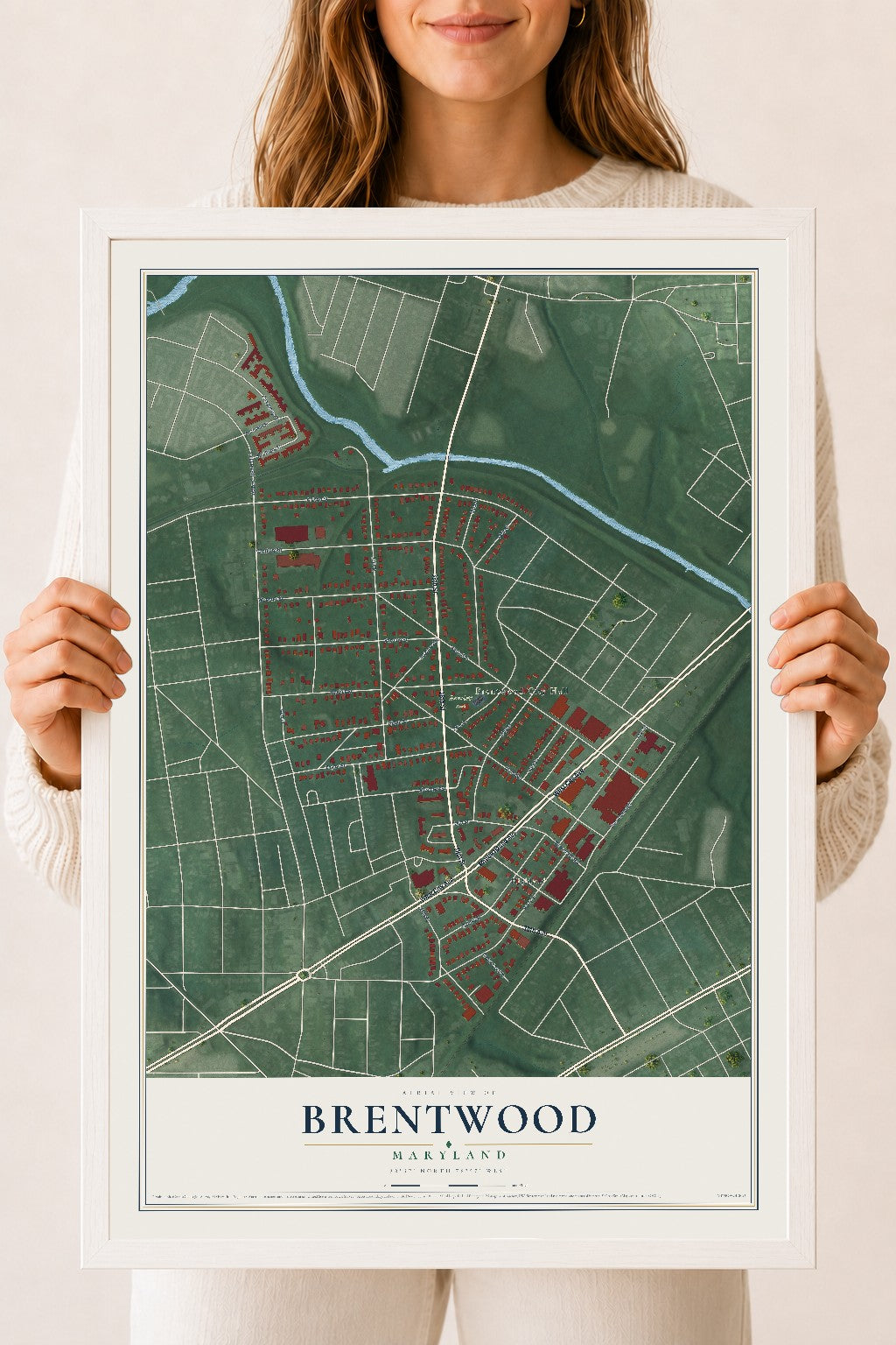 Map of Brentwood, Maryland, 18 x 24 inch print in a white wood frame