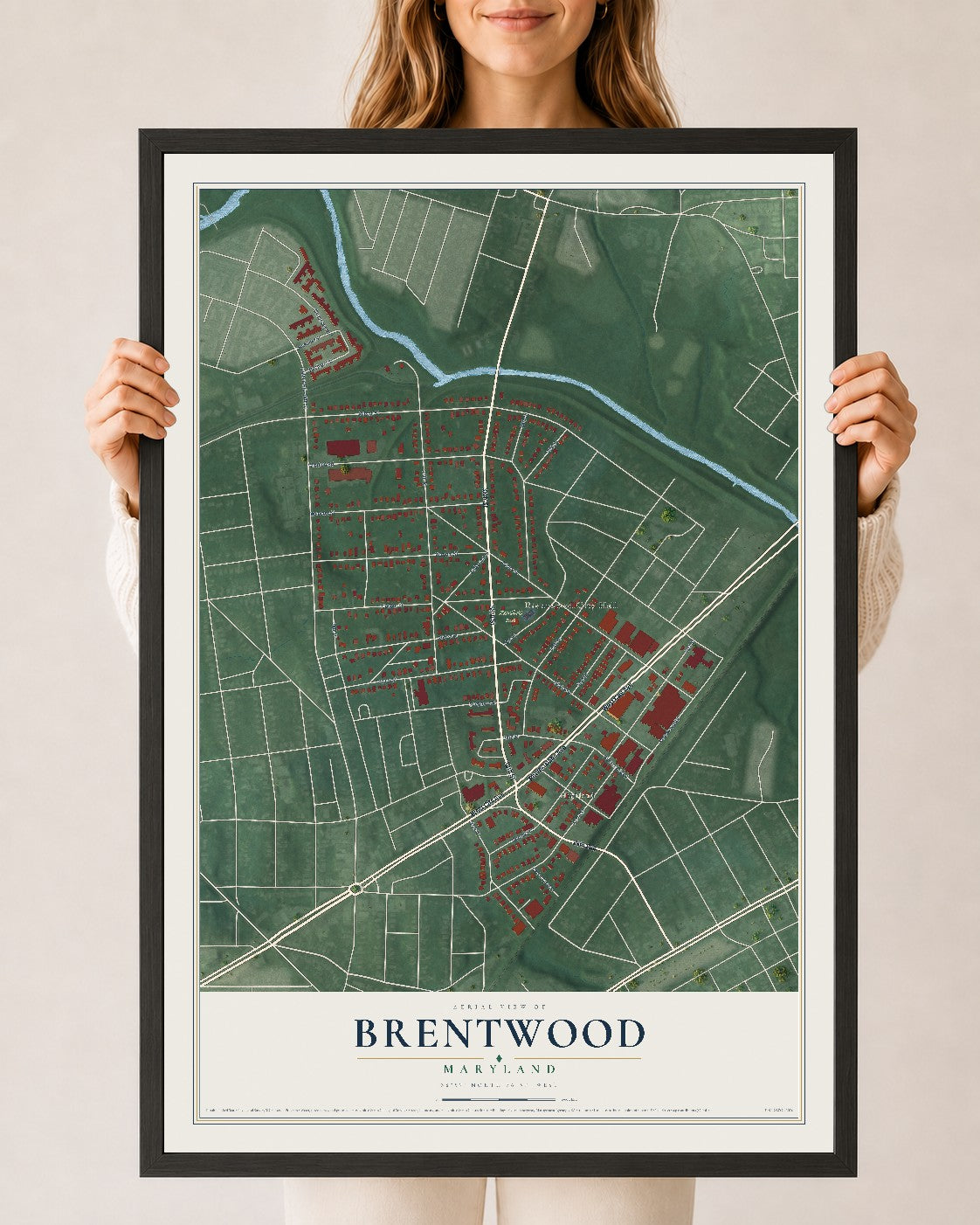 Map of Brentwood, Maryland, 24 x 36 inch print in a black wood frame