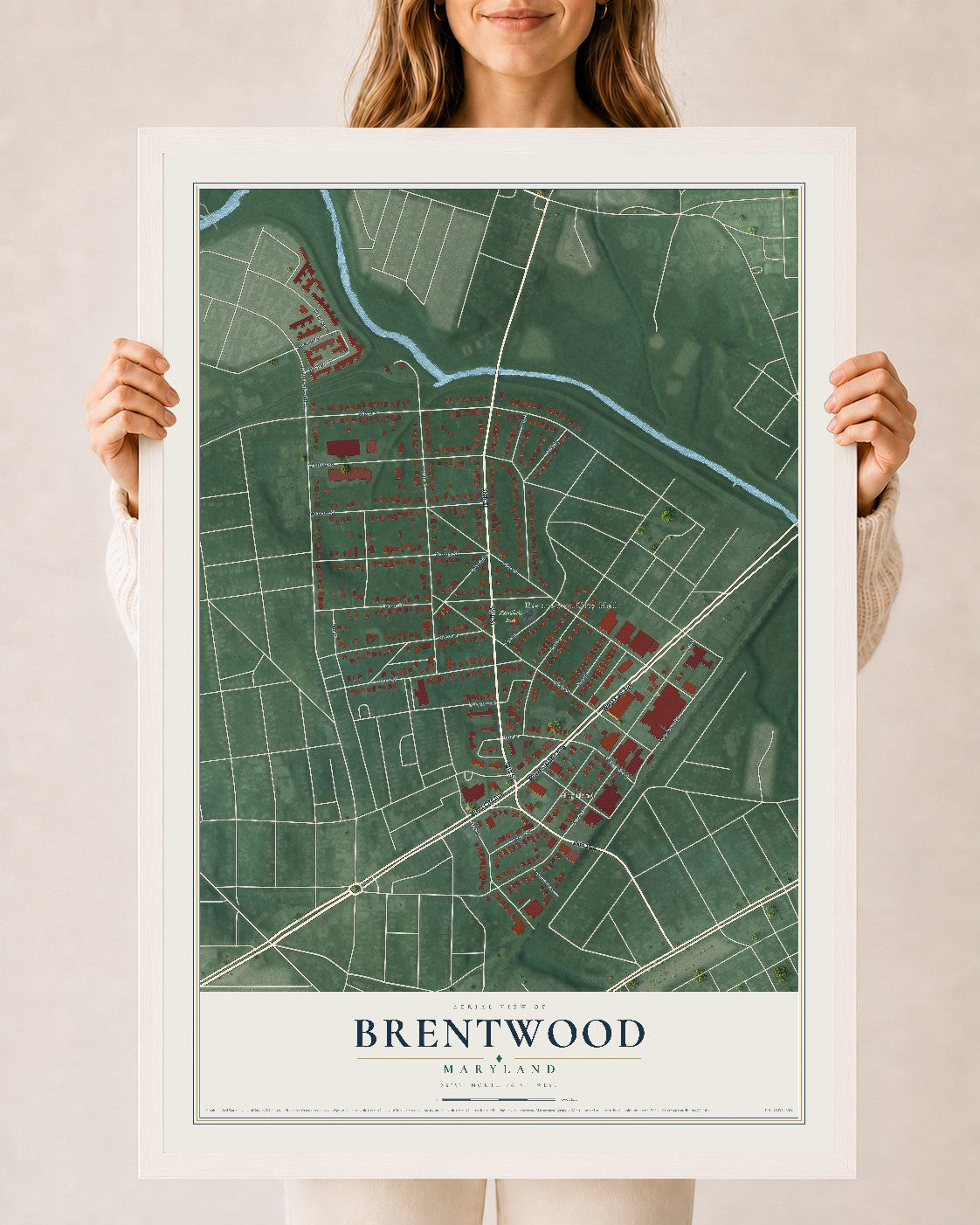 Map of Brentwood, Maryland, 24 x 36 inch print in a white wood frame
