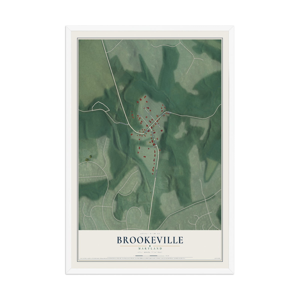 Map of Brookeville, Maryland, 12 x 18 inch print in a white wood frame