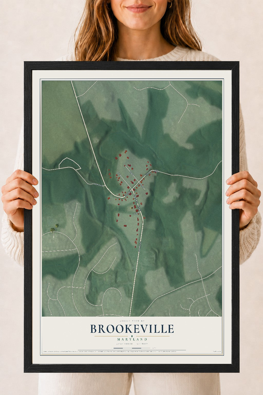 Map of Brookeville, Maryland, 18 x 24 inch print in a black wood frame