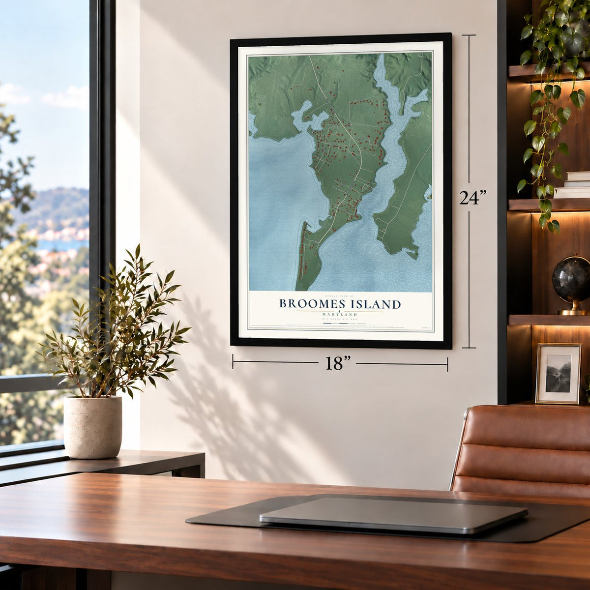 Broomes Island, Maryland map, 18 x 24 inch print in a black frame in a home office