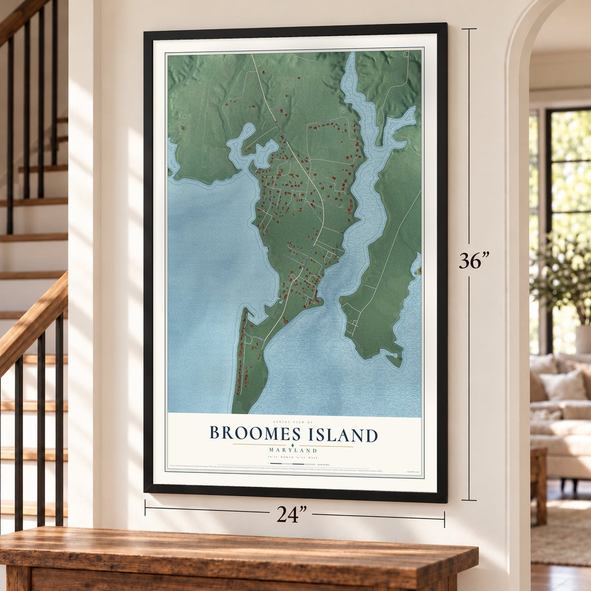 Broomes Island, Maryland map, 24 x 36 inch print in a black frame by a staircase