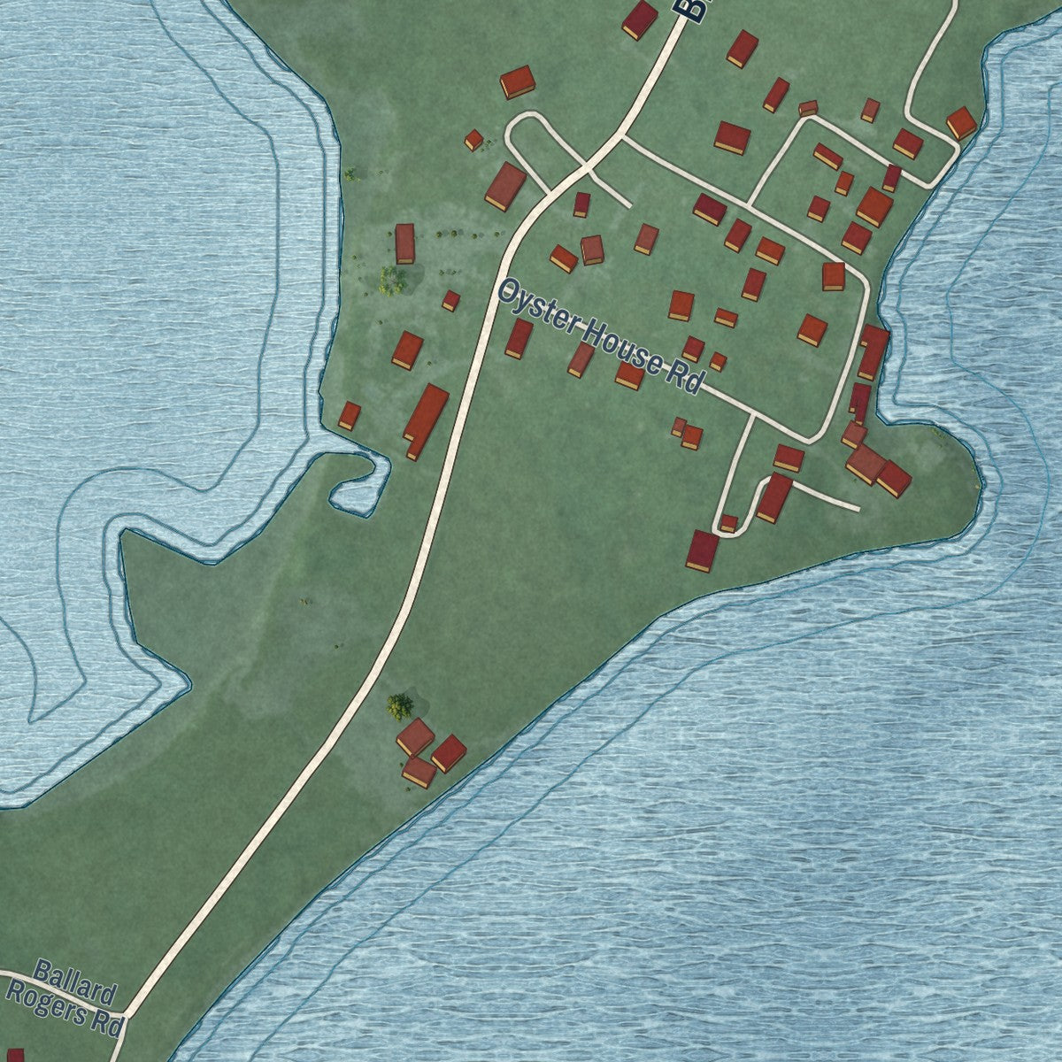 Close-up of the map of Broomes Island, Maryland print showing street and building detail