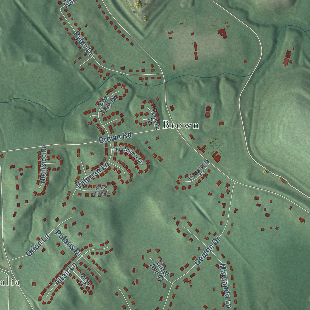 Close-up of the map of Brown Station, Maryland print showing street and building detail