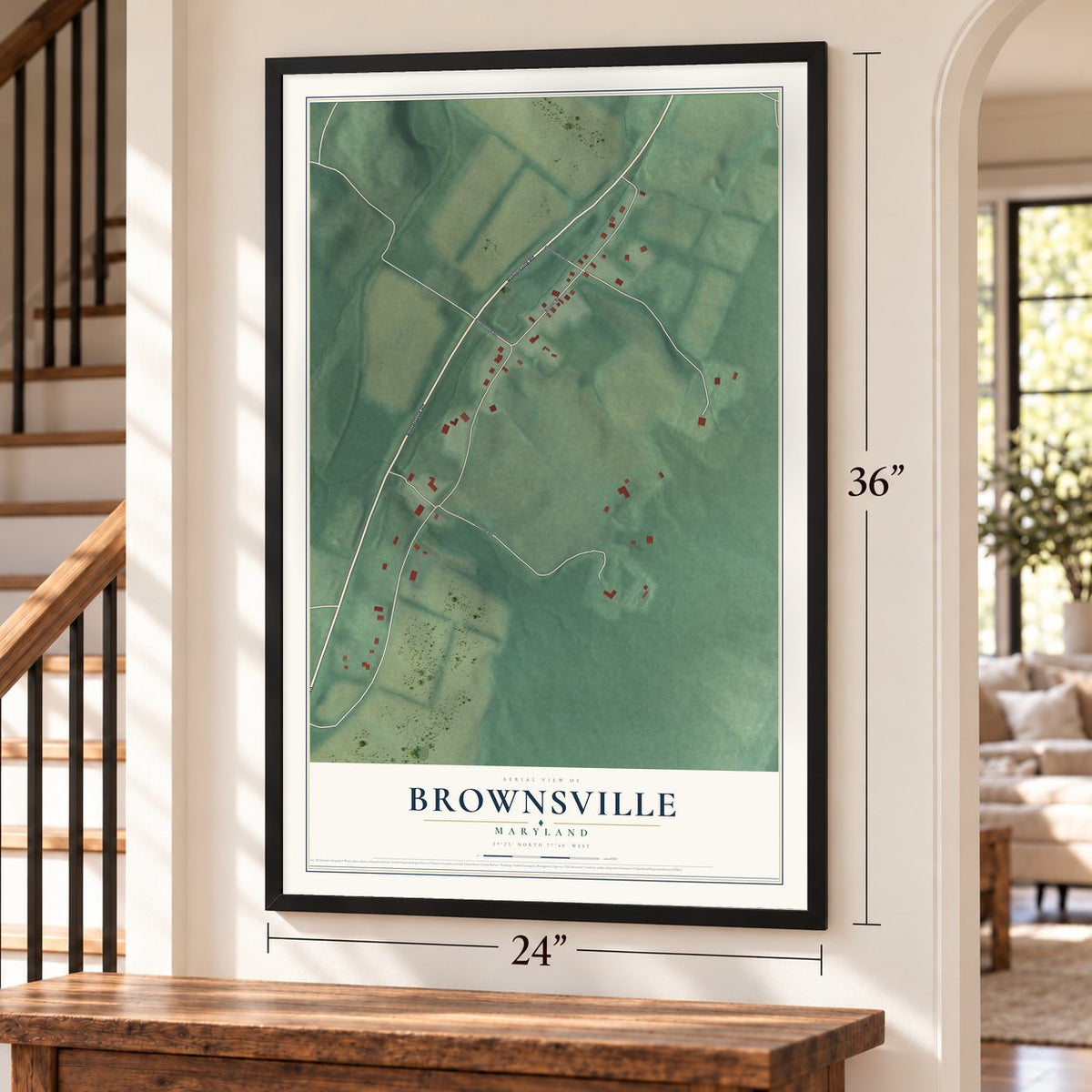 Brownsville, Maryland map, 24 x 36 inch print in a black frame by a staircase