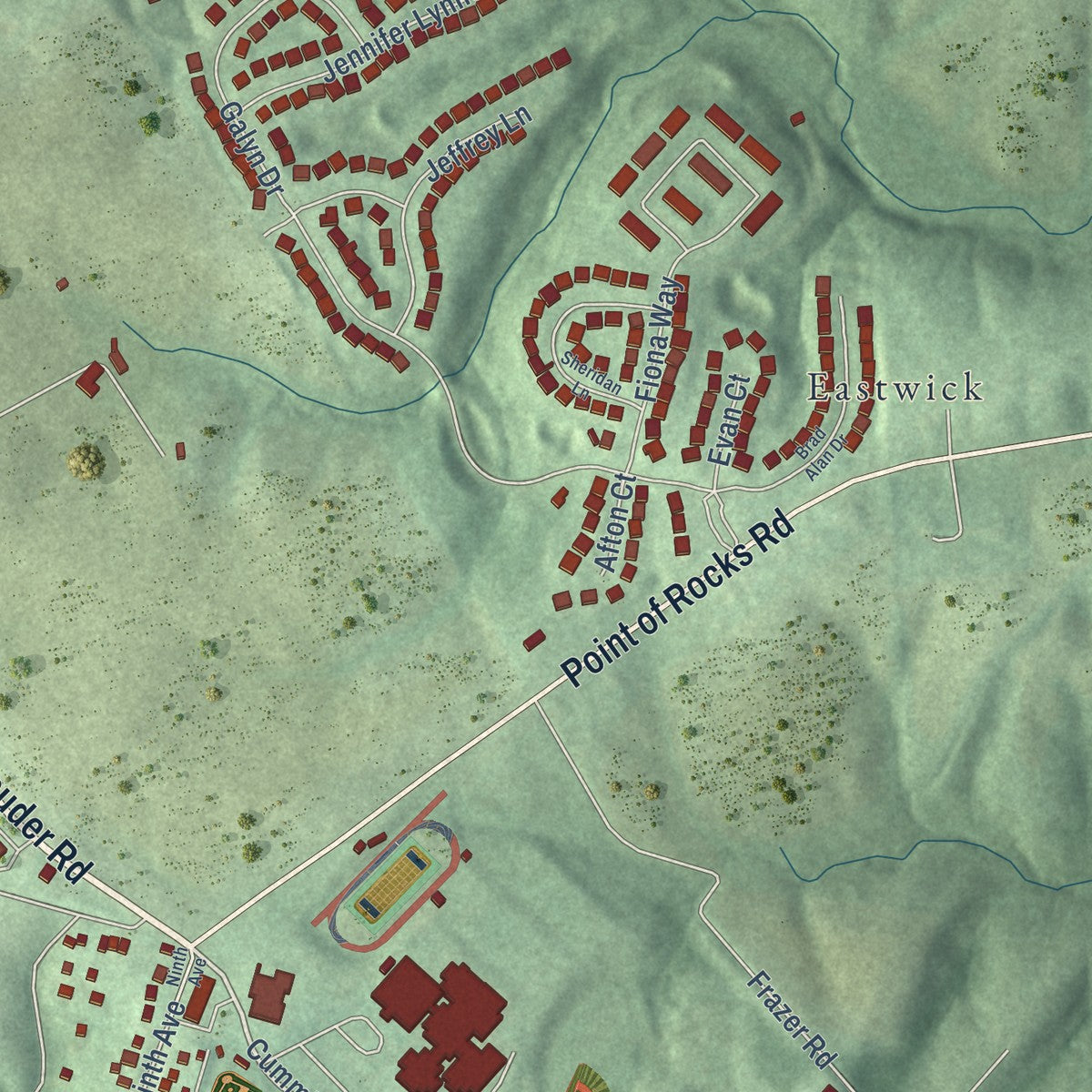 Second close-up of the map of Brunswick, Maryland print showing more streets and buildings