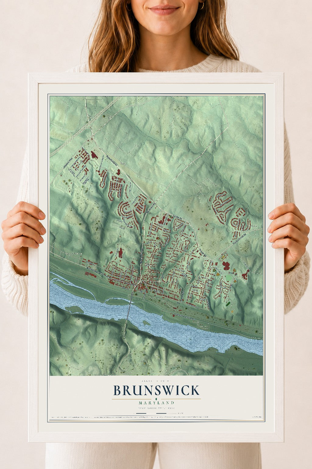 Map of Brunswick, Maryland, 18 x 24 inch print in a white wood frame